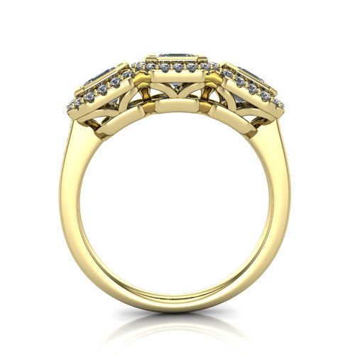 Aviana square emerald three stone halo engagement ring in 14K Yellow Gold, through-finger front profile showing the three-stone halo head and filigree gallery above the pav&eacute; band