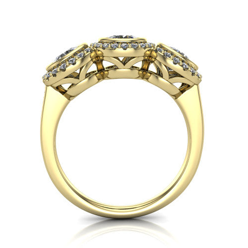 Aviana round three stone halo engagement ring in 14K Yellow Gold, through-finger front profile showing the three-stone halo head and filigree gallery above the pav&eacute; band