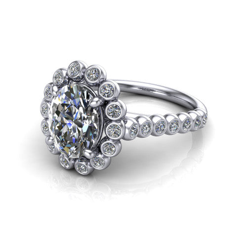 Maren oval bezel bubble halo engagement ring in 14K White Gold, three-quarter perspective showing the oval center in a scalloped bezel-set bubble halo above a bezel-set band