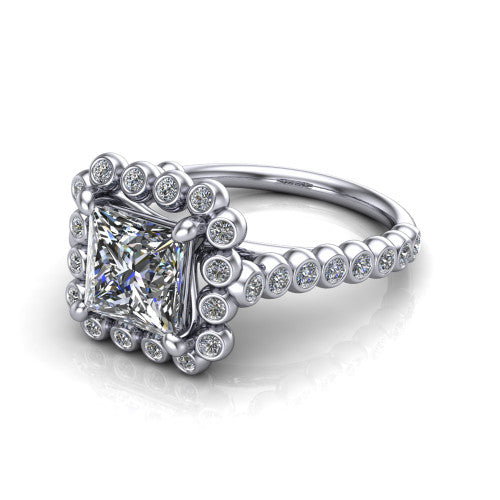 Maren princess bezel bubble halo engagement ring in 14K White Gold, three-quarter perspective showing the princess center in a scalloped bezel-set bubble halo above a bezel-set band