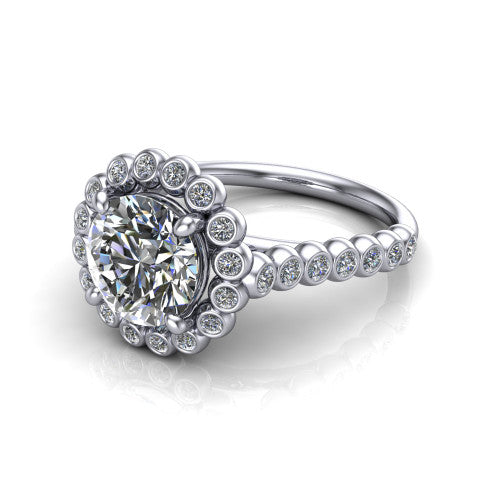 Maren round bezel bubble halo engagement ring in Platinum, three-quarter perspective showing the round center in a scalloped bezel-set bubble halo above a bezel-set band