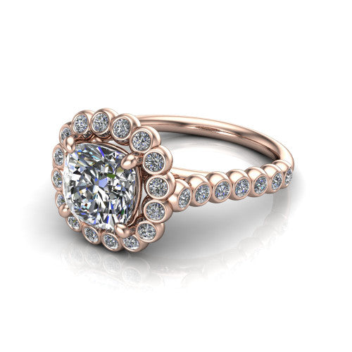 Maren cushion bezel bubble halo engagement ring in 18K Rose Gold, three-quarter perspective showing the cushion center in a scalloped bezel-set bubble halo above a bezel-set band