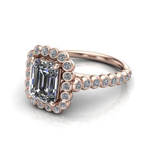 Maren emerald bezel bubble halo engagement ring in 14K Rose Gold, three-quarter perspective showing the emerald center in a scalloped bezel-set bubble halo above a bezel-set band