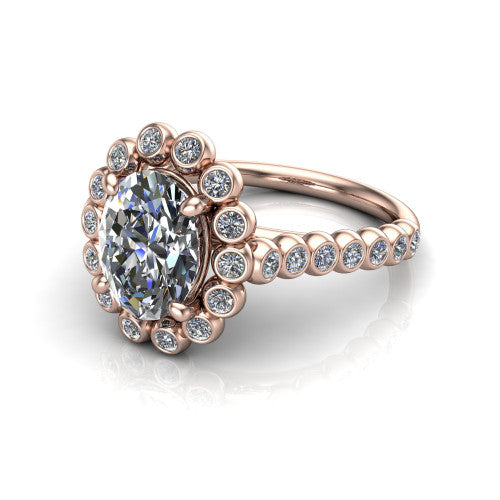 Maren oval bezel bubble halo engagement ring in 18K Rose Gold, three-quarter perspective showing the oval center in a scalloped bezel-set bubble halo above a bezel-set band