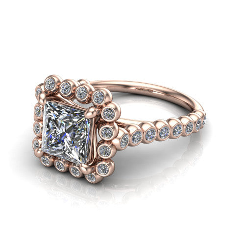 Maren princess bezel bubble halo engagement ring in 18K Rose Gold, three-quarter perspective showing the princess center in a scalloped bezel-set bubble halo above a bezel-set band