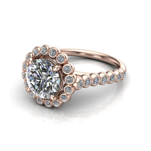 Maren round bezel bubble halo engagement ring in 14K Rose Gold, three-quarter perspective showing the round center in a scalloped bezel-set bubble halo above a bezel-set band
