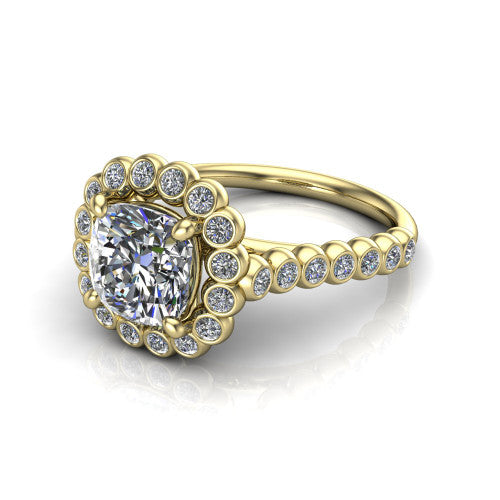 Maren cushion bezel bubble halo engagement ring in 14K Yellow Gold, three-quarter perspective showing the cushion center in a scalloped bezel-set bubble halo above a bezel-set band