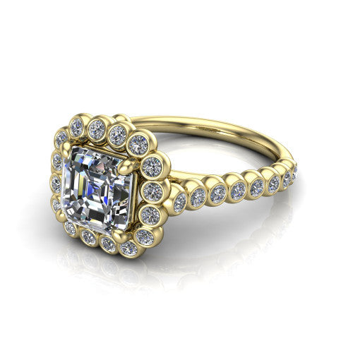 Maren square emerald bezel bubble halo engagement ring in 14K Yellow Gold, three-quarter perspective showing the square emerald center in a scalloped bezel-set bubble halo above a bezel-set band