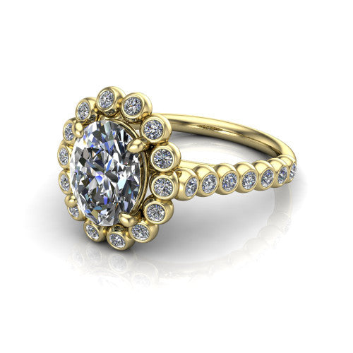 Maren oval bezel bubble halo engagement ring in 14K Yellow Gold, three-quarter perspective showing the oval center in a scalloped bezel-set bubble halo above a bezel-set band