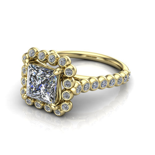 Maren princess bezel bubble halo engagement ring in 18K Yellow Gold, three-quarter perspective showing the princess center in a scalloped bezel-set bubble halo above a bezel-set band