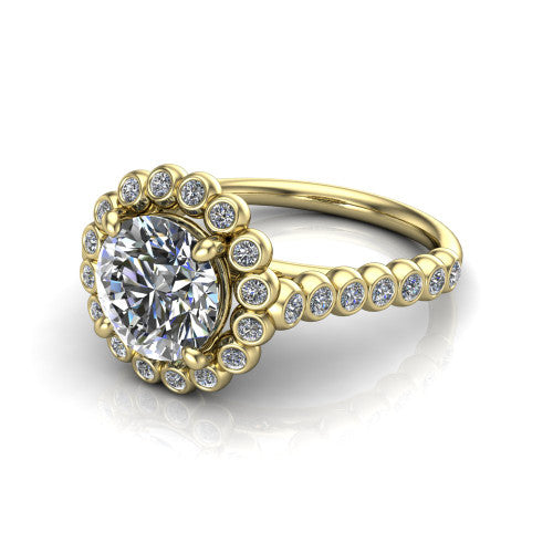 Maren round bezel bubble halo engagement ring in 18K Yellow Gold, three-quarter perspective showing the round center in a scalloped bezel-set bubble halo above a bezel-set band