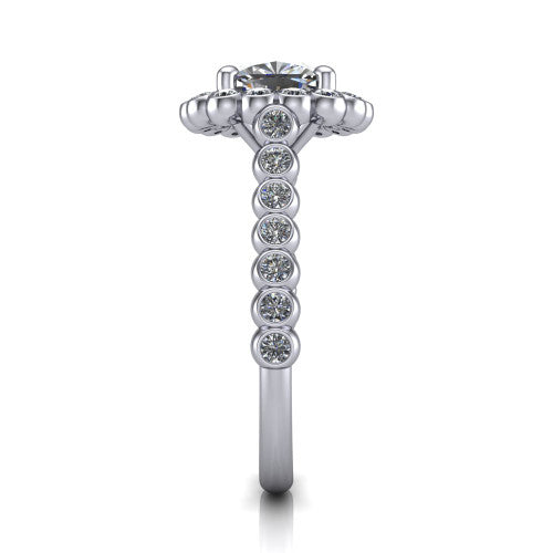 Maren cushion bezel bubble halo engagement ring in 18K White Gold, side profile showing the bezel-set bead band with milgrain detailing and the bubble halo in profile