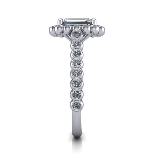 Maren emerald bezel bubble halo engagement ring in 14K White Gold, side profile showing the bezel-set bead band with milgrain detailing and the bubble halo in profile