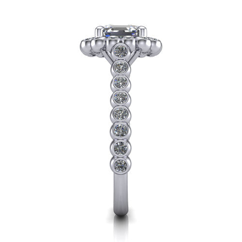 Maren square emerald bezel bubble halo engagement ring in 14K White Gold, side profile showing the bezel-set bead band with milgrain detailing and the bubble halo in profile