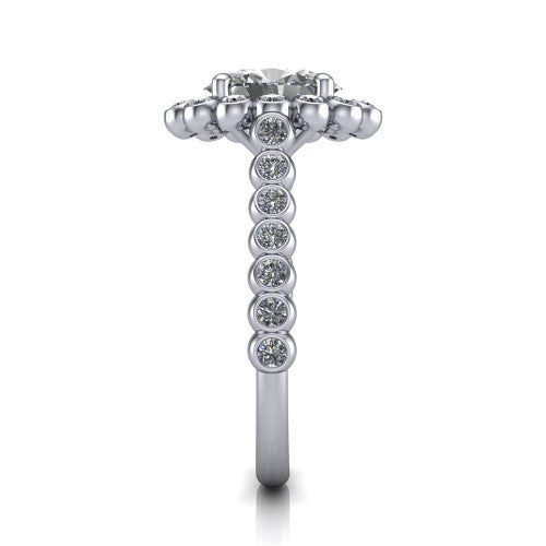 Maren oval bezel bubble halo engagement ring in 14K White Gold, side profile showing the bezel-set bead band with milgrain detailing and the bubble halo in profile