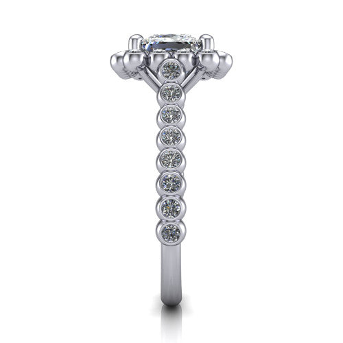 Maren princess bezel bubble halo engagement ring in 14K White Gold, side profile showing the bezel-set bead band with milgrain detailing and the bubble halo in profile