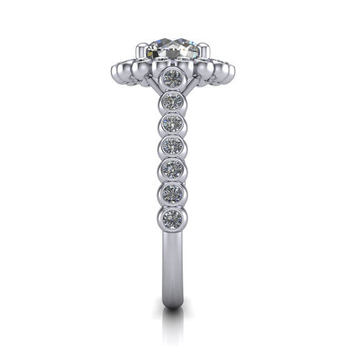 Maren round bezel bubble halo engagement ring in 14K White Gold, side profile showing the bezel-set bead band with milgrain detailing and the bubble halo in profile