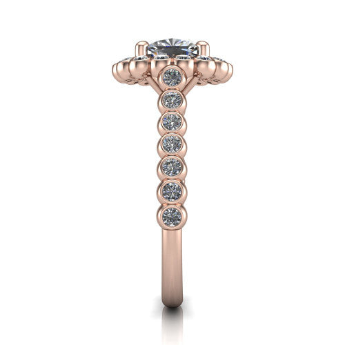 Maren cushion bezel bubble halo engagement ring in 14K Rose Gold, side profile showing the bezel-set bead band with milgrain detailing and the bubble halo in profile