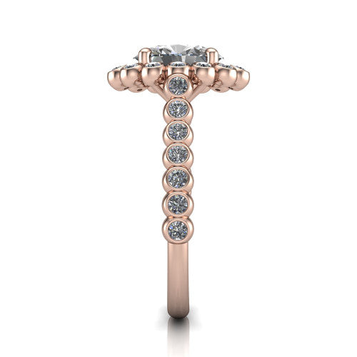 Maren oval bezel bubble halo engagement ring in 18K Rose Gold, side profile showing the bezel-set bead band with milgrain detailing and the bubble halo in profile