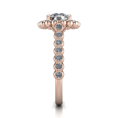 Maren round bezel bubble halo engagement ring in 14K Rose Gold, side profile showing the bezel-set bead band with milgrain detailing and the bubble halo in profile