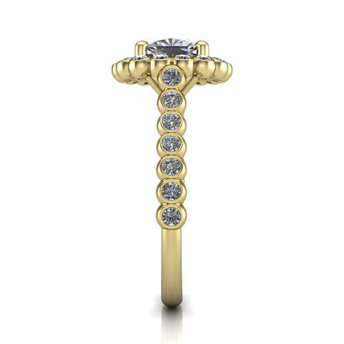 Maren cushion bezel bubble halo engagement ring in 14K Yellow Gold, side profile showing the bezel-set bead band with milgrain detailing and the bubble halo in profile
