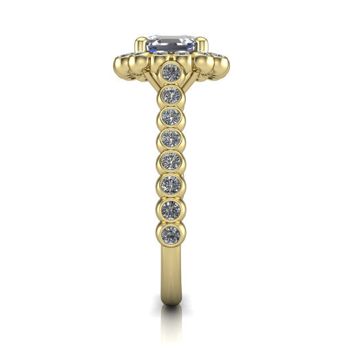 Maren square emerald bezel bubble halo engagement ring in 14K Yellow Gold, side profile showing the bezel-set bead band with milgrain detailing and the bubble halo in profile