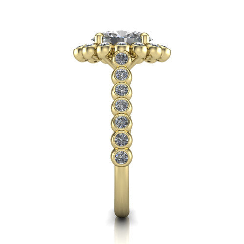 Maren oval bezel bubble halo engagement ring in 14K Yellow Gold, side profile showing the bezel-set bead band with milgrain detailing and the bubble halo in profile