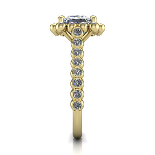 Maren princess bezel bubble halo engagement ring in 14K Yellow Gold, side profile showing the bezel-set bead band with milgrain detailing and the bubble halo in profile