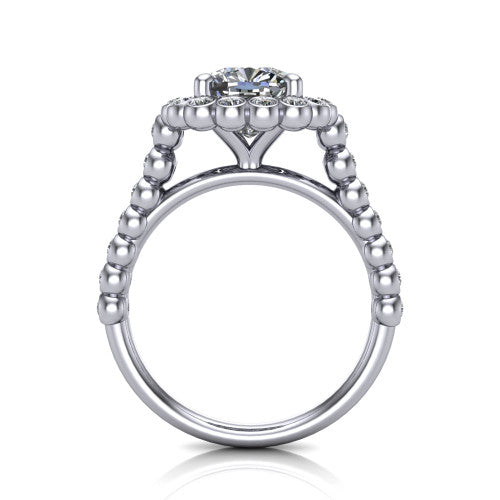Maren cushion bezel bubble halo engagement ring in 14K White Gold, through-finger front profile showing the bubble halo head raised above the bezel-set bead band