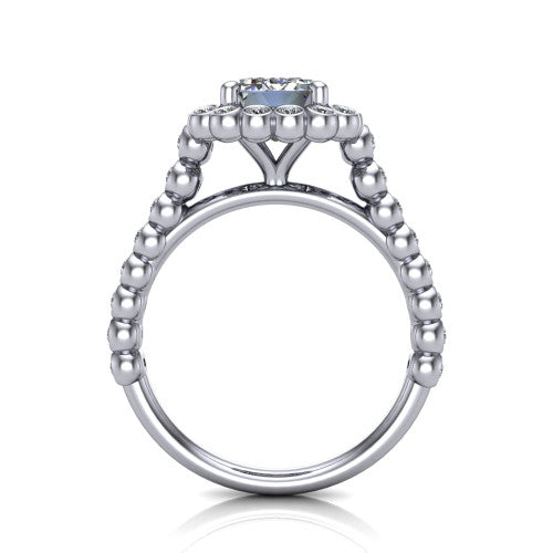 Maren emerald bezel bubble halo engagement ring in 18K White Gold, through-finger front profile showing the bubble halo head raised above the bezel-set bead band