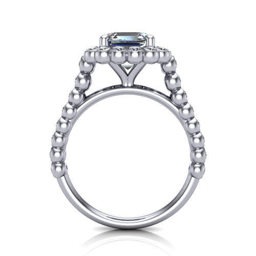 Maren square emerald bezel bubble halo engagement ring in 14K White Gold, through-finger front profile showing the bubble halo head raised above the bezel-set bead band
