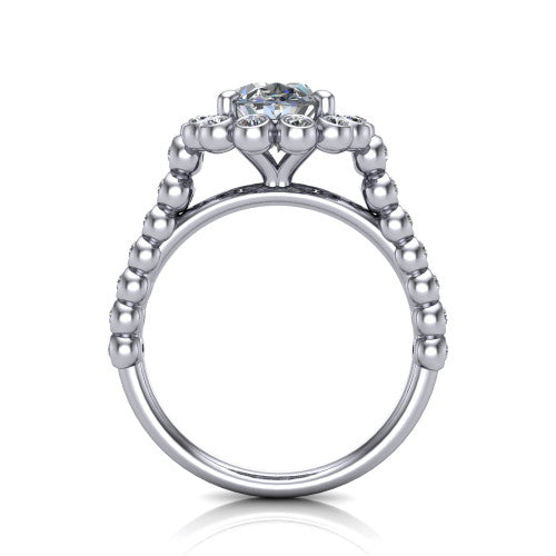 Maren oval bezel bubble halo engagement ring in Platinum, through-finger front profile showing the bubble halo head raised above the bezel-set bead band