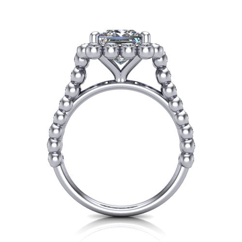 Maren princess bezel bubble halo engagement ring in 18K White Gold, through-finger front profile showing the bubble halo head raised above the bezel-set bead band