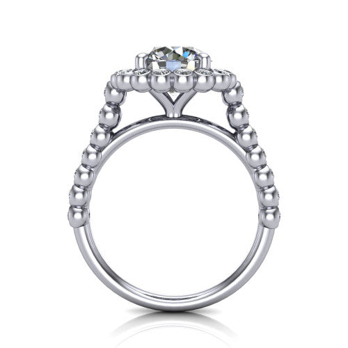 Maren round bezel bubble halo engagement ring in Platinum, through-finger front profile showing the bubble halo head raised above the bezel-set bead band
