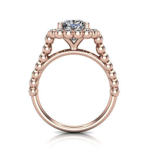 Maren cushion bezel bubble halo engagement ring in 18K Rose Gold, through-finger front profile showing the bubble halo head raised above the bezel-set bead band
