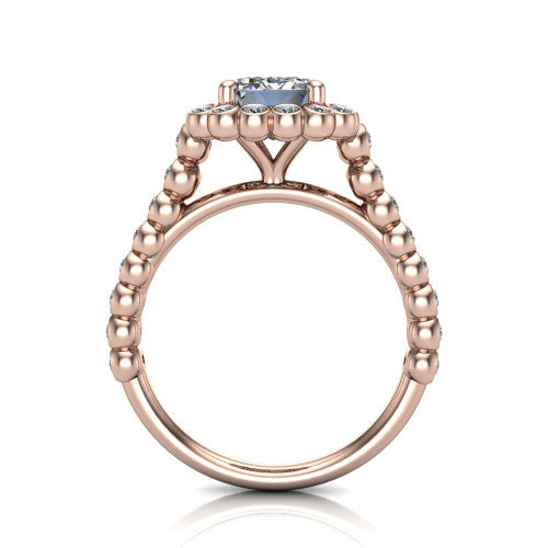 Maren emerald bezel bubble halo engagement ring in 18K Rose Gold, through-finger front profile showing the bubble halo head raised above the bezel-set bead band