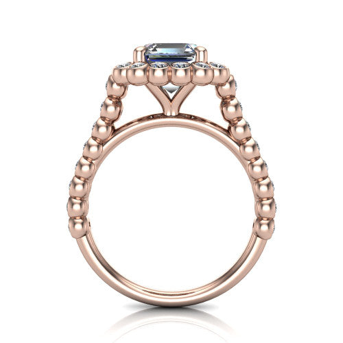 Maren square emerald bezel bubble halo engagement ring in 14K Rose Gold, through-finger front profile showing the bubble halo head raised above the bezel-set bead band