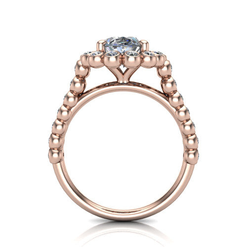 Maren oval bezel bubble halo engagement ring in 14K Rose Gold, through-finger front profile showing the bubble halo head raised above the bezel-set bead band