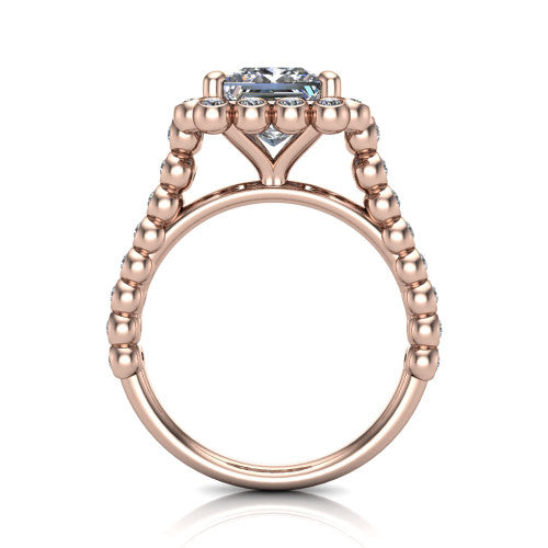 Maren princess bezel bubble halo engagement ring in 14K Rose Gold, through-finger front profile showing the bubble halo head raised above the bezel-set bead band