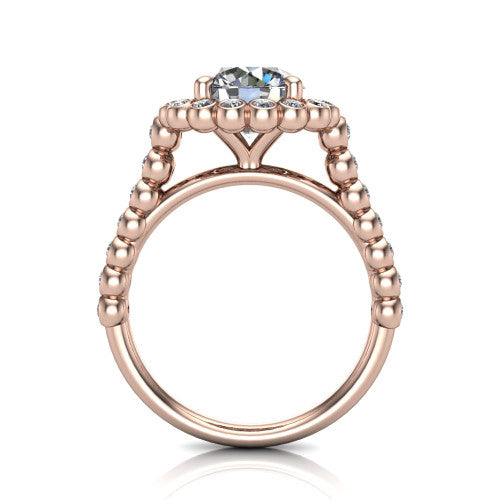 Maren round bezel bubble halo engagement ring in 14K Rose Gold, through-finger front profile showing the bubble halo head raised above the bezel-set bead band