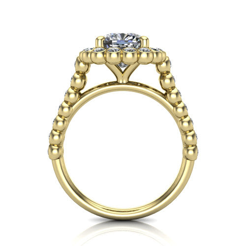 Maren cushion bezel bubble halo engagement ring in 18K Yellow Gold, through-finger front profile showing the bubble halo head raised above the bezel-set bead band