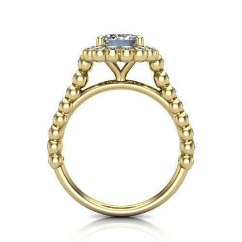 Maren emerald bezel bubble halo engagement ring in 18K Yellow Gold, through-finger front profile showing the bubble halo head raised above the bezel-set bead band