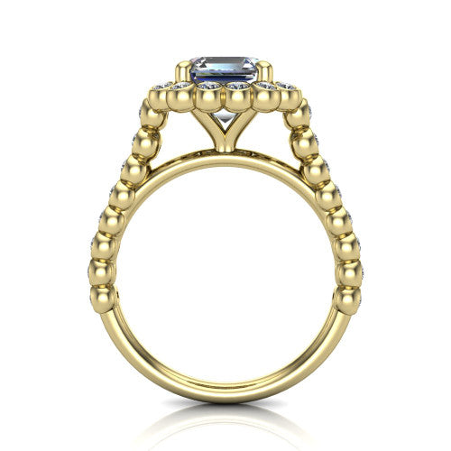 Maren square emerald bezel bubble halo engagement ring in 18K Yellow Gold, through-finger front profile showing the bubble halo head raised above the bezel-set bead band
