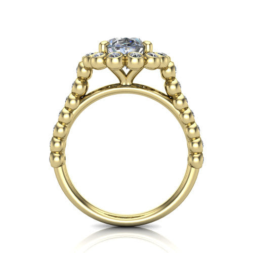 Maren oval bezel bubble halo engagement ring in 18K Yellow Gold, through-finger front profile showing the bubble halo head raised above the bezel-set bead band