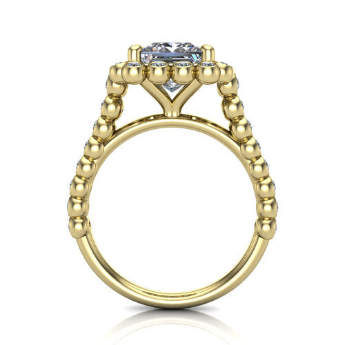 Maren princess bezel bubble halo engagement ring in 18K Yellow Gold, through-finger front profile showing the bubble halo head raised above the bezel-set bead band