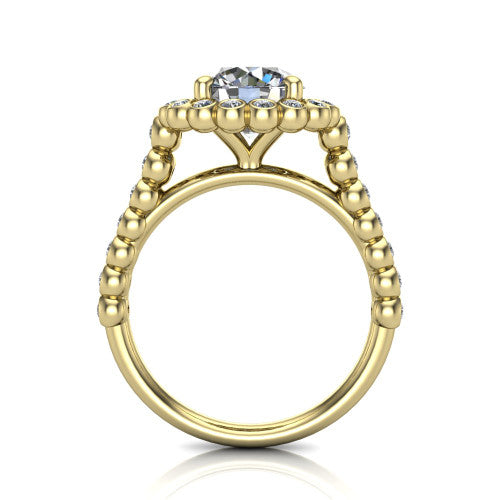Maren round bezel bubble halo engagement ring in 14K Yellow Gold, through-finger front profile showing the bubble halo head raised above the bezel-set bead band