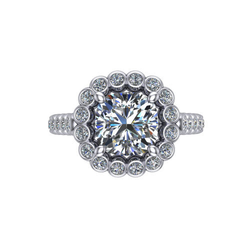 Maren cushion bezel bubble halo engagement ring in Platinum, top-down view showing the bubble halo of bezel-set round diamonds framing the cushion center from above