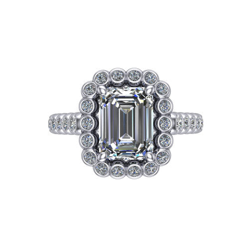 Maren emerald bezel bubble halo engagement ring in 14K White Gold, top-down view showing the bubble halo of bezel-set round diamonds framing the emerald center from above