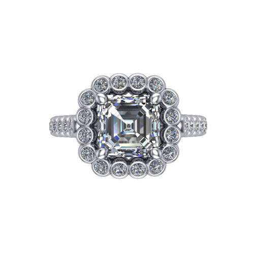 Maren square emerald bezel bubble halo engagement ring in 14K White Gold, top-down view showing the bubble halo of bezel-set round diamonds framing the square emerald center from above