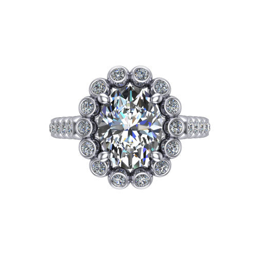 Maren oval bezel bubble halo engagement ring in Platinum, top-down view showing the bubble halo of bezel-set round diamonds framing the oval center from above